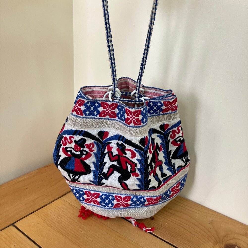Scandinavian Embroidered Tapestry Fabric Purse Vintage Drawstring Pouch
